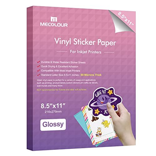 Mecolour Sticker Paper Glossy White Printable Vinyl 50 Sheets 8.5 X 11 ...